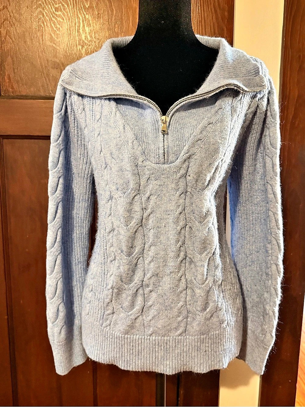 LOFT Cable Knit Quarter-Zip Sweater Blue Large